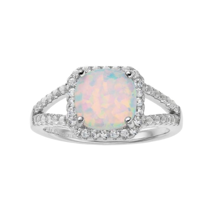Sterling Silver Lab-created White Opal & White Topaz Cushion Halo Ring, Women's, Size: 6