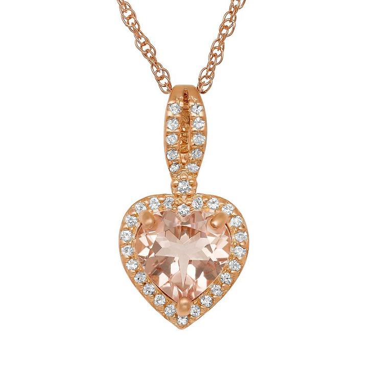 14k Rose Gold Over Silver Simulated Morganite And Lab-created White Sapphire Heart Halo Pendant, Women's, Size: 18, Pink