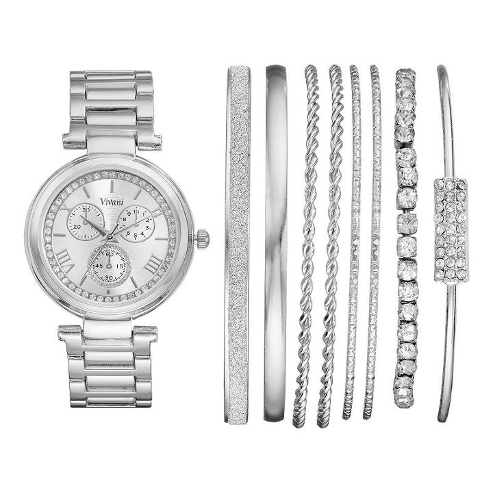 Vivani Women's Crystal Watch & Bracelet Set, Size: Medium, Grey