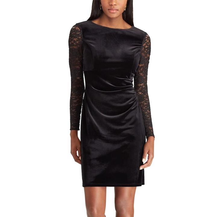 Women's Chaps Lace-sleeve Velvet Shift Dress, Size: 8, Black