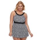 Plus Size A Shore Fit Hip Minimizer Printed Halterkini Top & High-waisted Swim Bottoms Set, Women's, Size: 22 W, Black