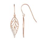 14k Rose Gold Over Silver 1/10 Carat T.w. Diamond Openwork Leaf Drop Earrings, Women's, White