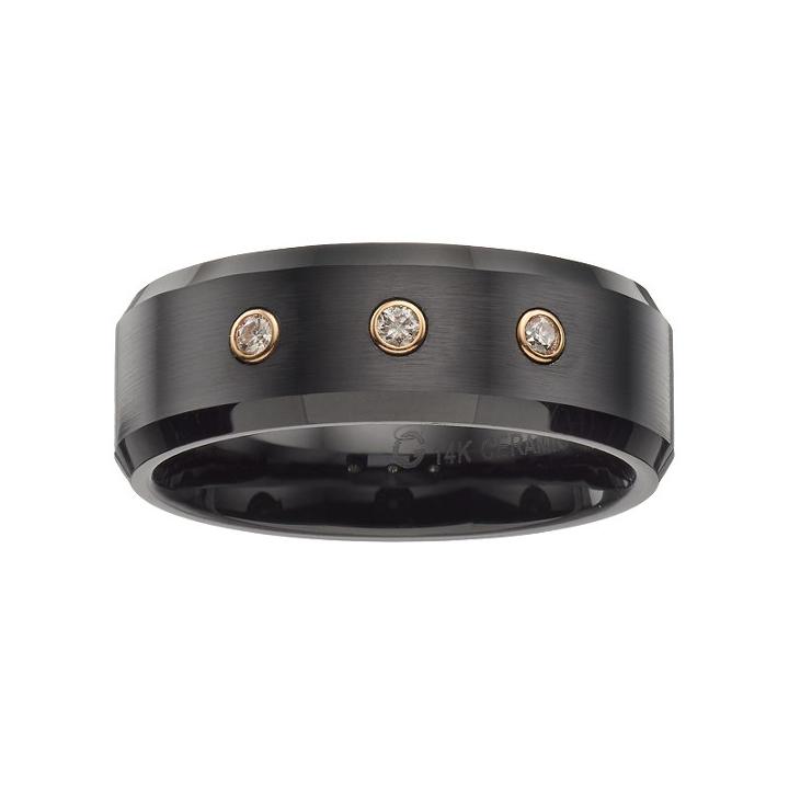 1/10 Carat T.w. Diamond Black Ceramic & 14k Gold Band - Men, Size: 9