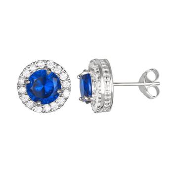 Sophie Miller Lab-created Sapphire And Cubic Zirconia Sterling Silver Halo Stud Earrings, Women's, Blue