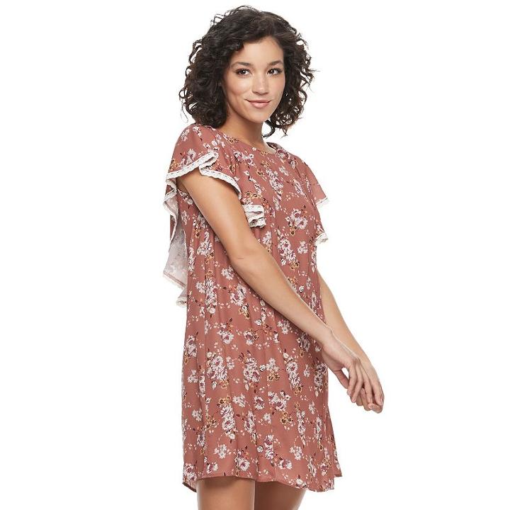 Juniors' Mason & Belle Floral Ruffle V-back Shift Dress, Teens, Size: Small, Red Overfl