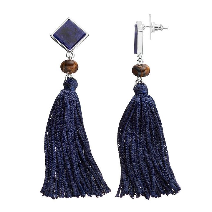 Chaps Simulated Tiger's Eye Nickel Free Blue Tassel Drop Earrings, Women's, Multicolor