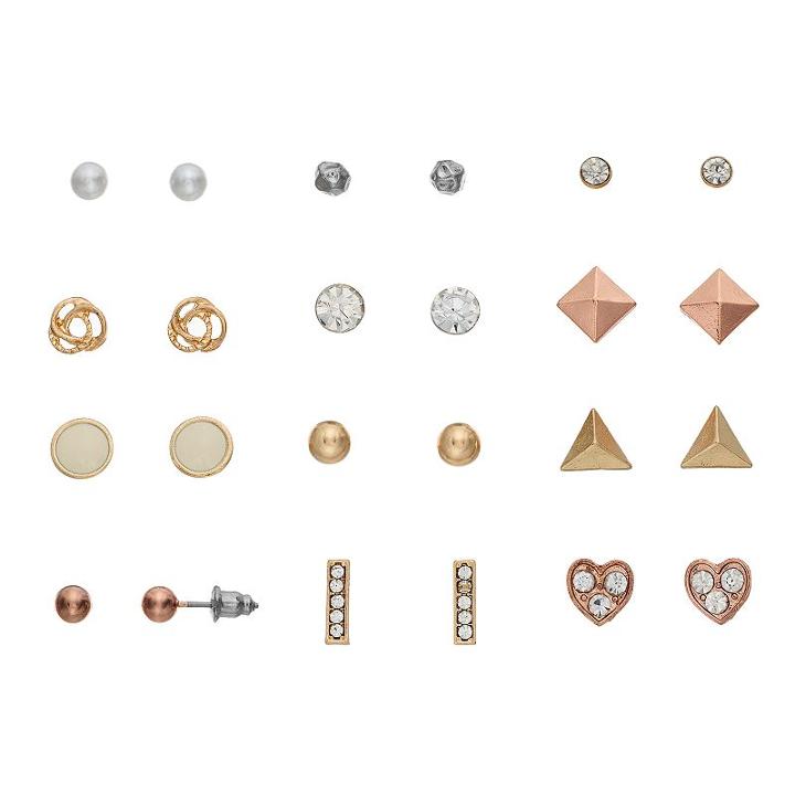 Mudd&reg; Nickel Free Heart, Pyramid & Round Stud Earring Set, Women's, Multicolor
