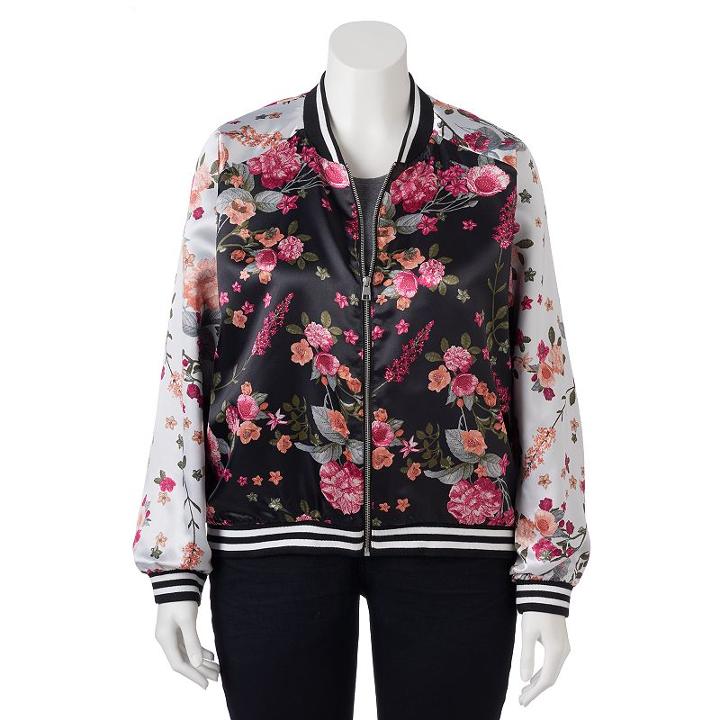 Juniors' Plus Size Love, Fire Floral Bomber Jacket, Girl's, Size: 1xl, Black