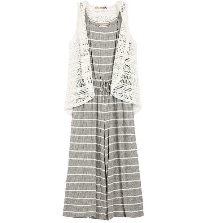Girls 7-16 Speechless Lace Vest & Striped Ribbed Gaucho Jumpsuit, Girl's, Size: Medium, Silver