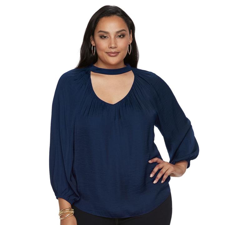 Plus Size Jennifer Lopez Choker Neck Peasant Top, Women's, Size: 0x, Dark Blue