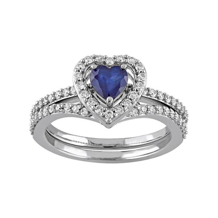 10k White Gold 1/2 Carat T.w. Diamond & Sapphire Heart Engagement Ring Set, Women's, Size: 9, Blue