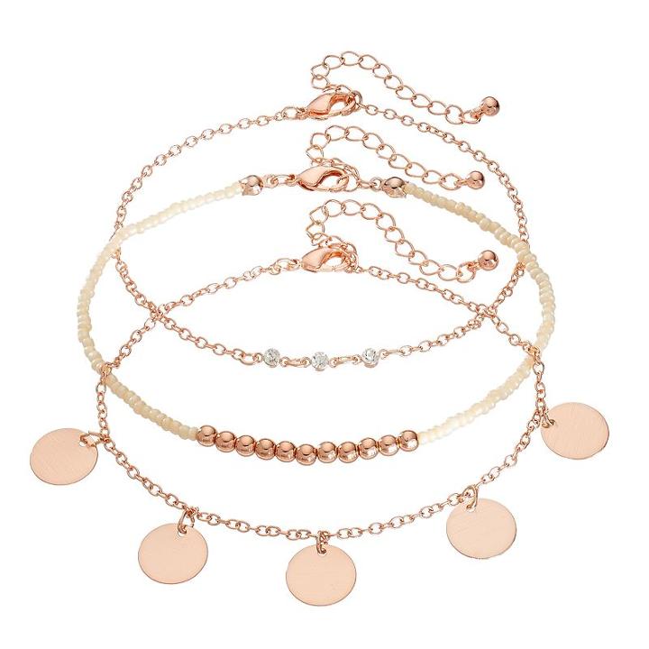 Mudd&reg; Beaded & Shaky Disc Anklet Set, Women's, Med Pink