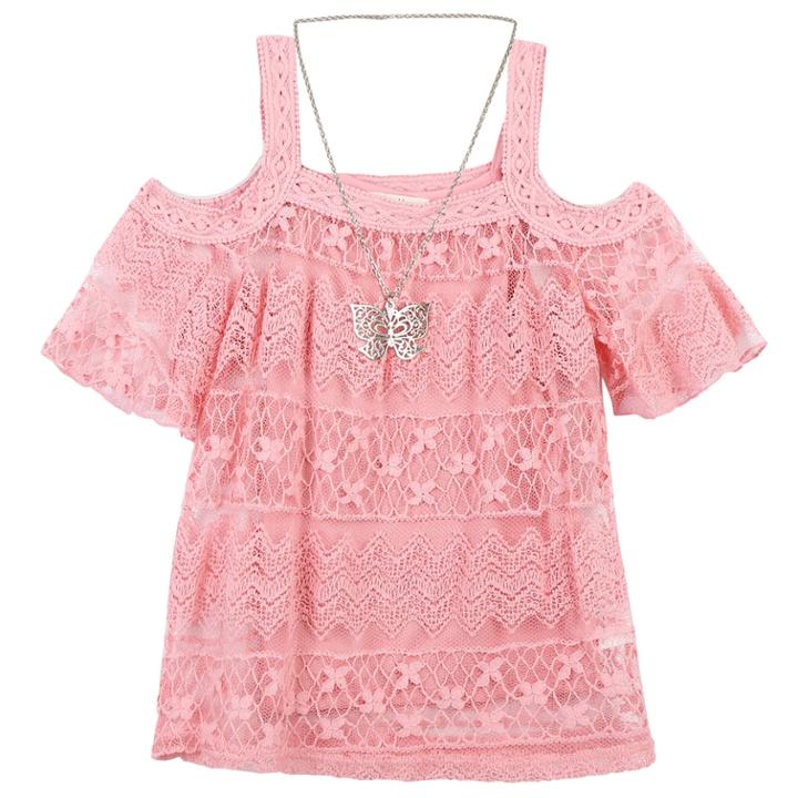 Girls 7-16 Speechless Crochet Overlay Cold Shoulder Tunic Top With Butterfly Necklace, Size: Xl, Light Pink