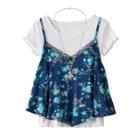 Girls 7-16 Knitworks Floral Tank Top & Ruffled Tee Set With Necklace, Size: Small, Blue (navy)