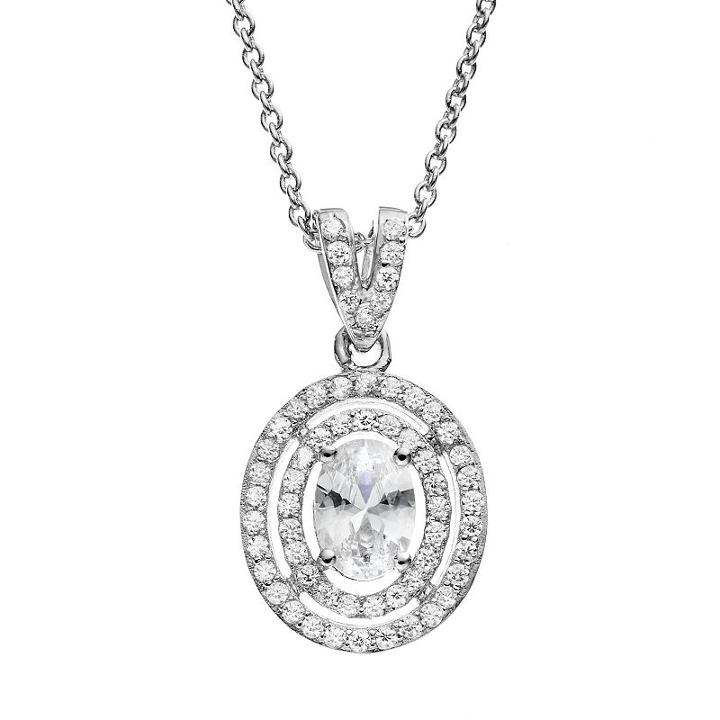 The Silver Lining Cubic Zirconia Silver Tone Oval Halo Pendant Necklace, Women's, Size: 18, White
