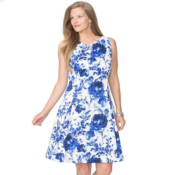 Plus Size Chaps Floral Sateen Fit & Flare Dress, Women's, Size: 18 W, Blue