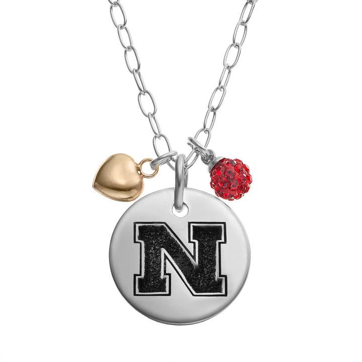 Fiora Crystal Sterling Silver Nebraska Cornhuskers Team Logo & Heart Pendant Necklace, Women's, Size: 16, Red