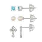 Lulabelle Kids' Cubic Zirconia, Crystal Cross & Freshwater Cultured Pearl Stud Earring Set, Women's, Blue