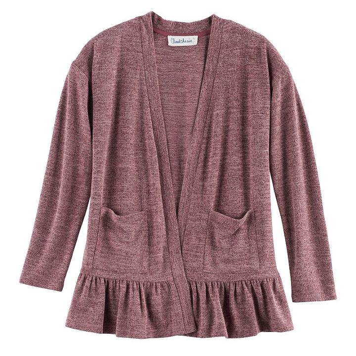 Girls 7-16 & Plus Size Cloud Chaser Open Front Ruffle Cardigan, Size: L Plus, Dark Red