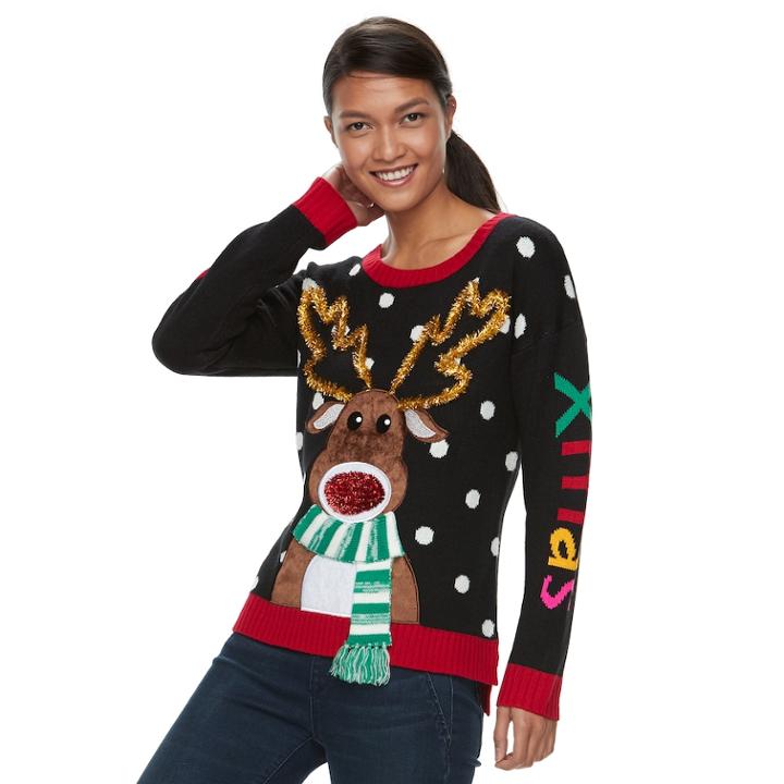 Women's Embellished Christmas Sweater, Size: Medium, Black