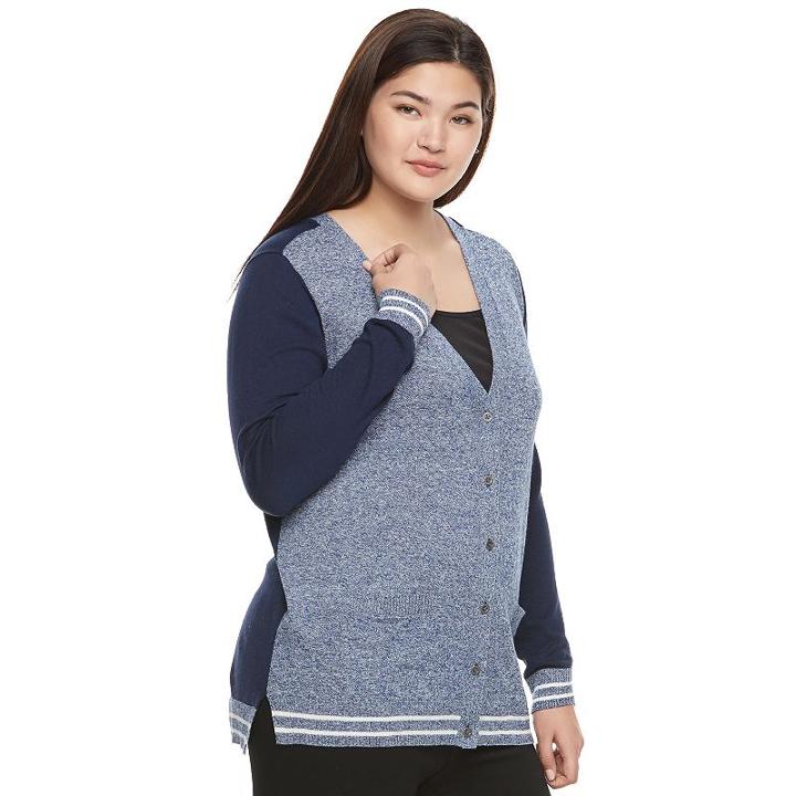 Juniors' Plus Size So&reg; Striped Trim Varsity Cardigan, Teens, Size: 3xl, Blue