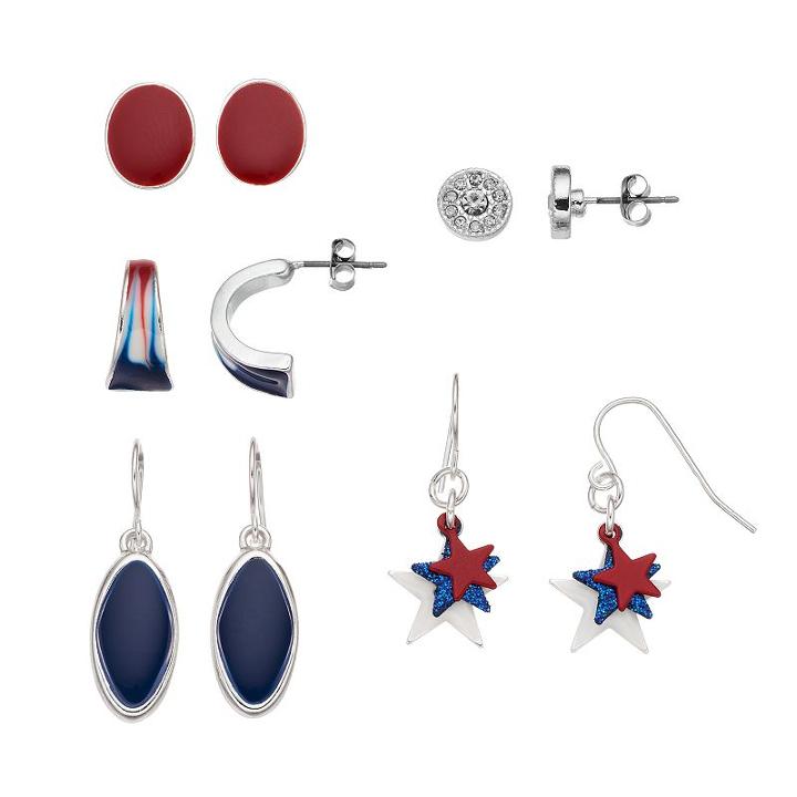 Red, White & Blue Star Cluster & Half Hoop Earring Set, Women's, Multicolor