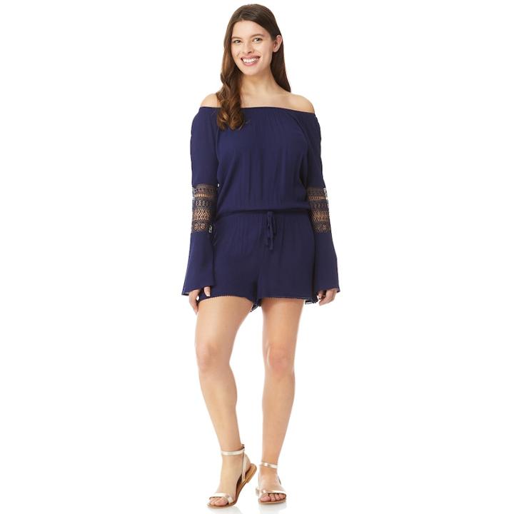 Juniors' Wallflower Printed Off-the-shoulder Bell Sleeve Romper, Teens, Size: Large, Blue (navy)
