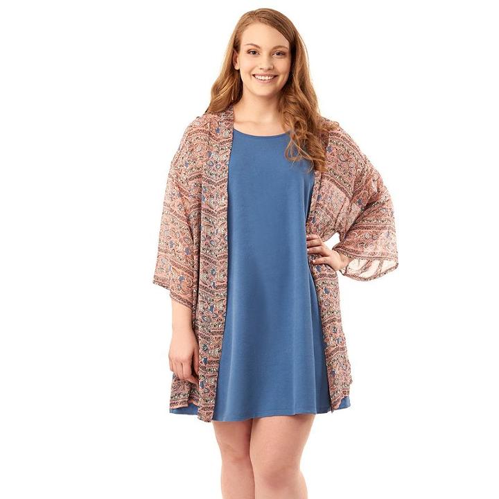 Juniors' Plus Size Wallflower Dress & Kimono Set, Girl's, Size: 2xl, Med Blue
