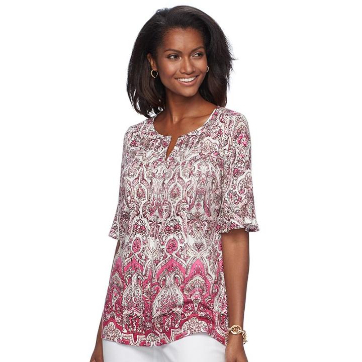 Women's Croft & Barrow&reg; Print Pleated Crepe Top, Size: Large, Med Pink