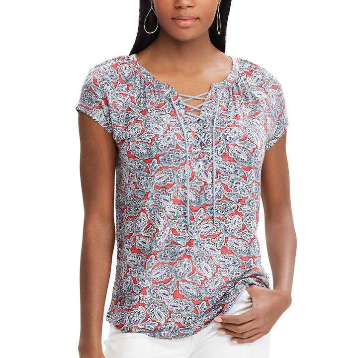 Women's Chaps Print Lace-up Top, Size: Small, Red