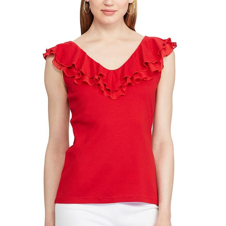 Petite Chaps Ruffled V-neck Top, Women's, Size: Xl Petite, Red