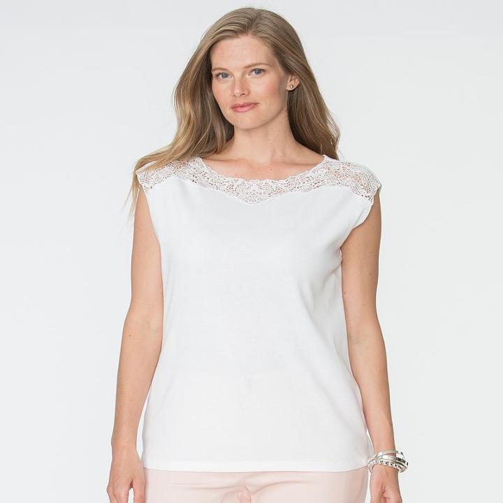 Plus Size Chaps Lace-yoke Boatneck Tee, Women's, Size: 2xl, White