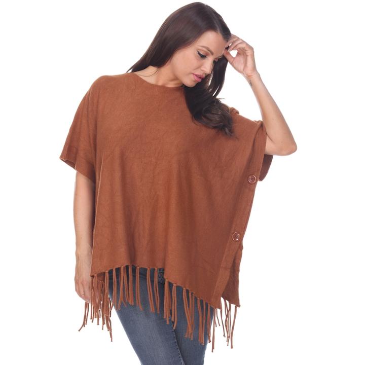 Women's White Mark Button Fringe Poncho, Brown