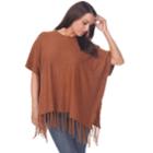 Women's White Mark Button Fringe Poncho, Brown