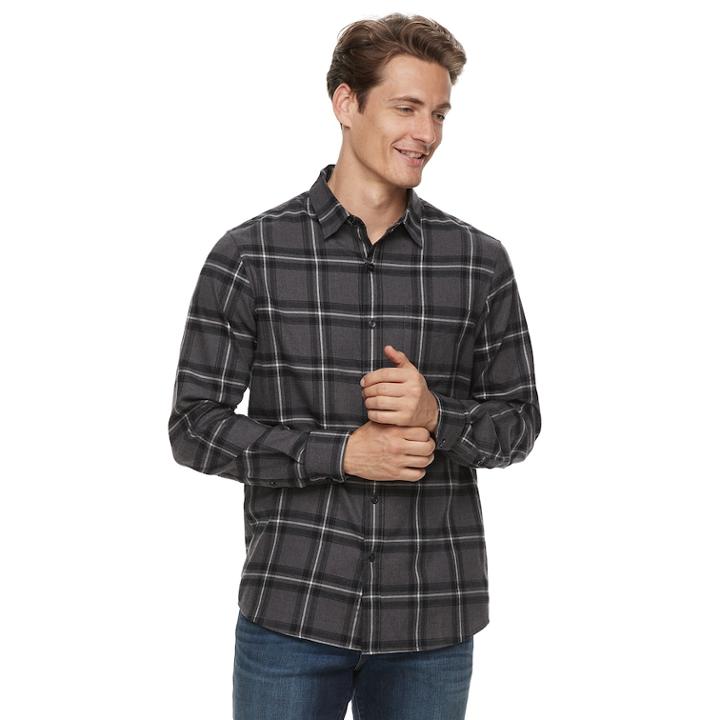 Men's Apt. 9&reg; Brushed Flannel Button-down Shirt, Size: Large, Black