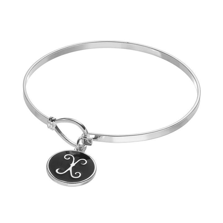 Silver-plated Initial Charm Bangle Bracelet, Women's, Size: 7.5, Grey