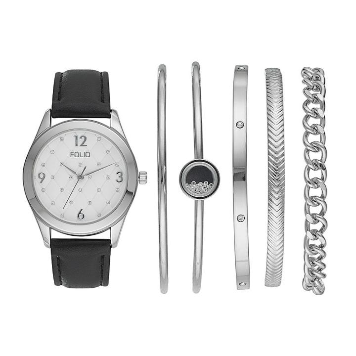 Folio Women's Crystal Watch & Bangle Bracelet Set, Size: Medium, Black