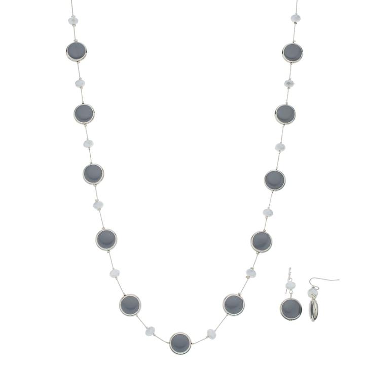 Gray Disc Long Necklace & Drop Earring Set, Women's, Grey