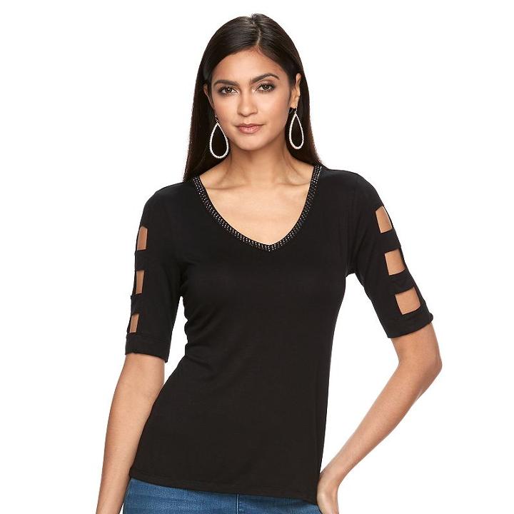 Women's Jennifer Lopez Embellished Cutout Tee, Size: Large, Oxford