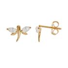 Charming Girl 14k Gold Dragonfly Stud Earrings - Made With Swarovski Cubic Zirconia - Kids, Yellow