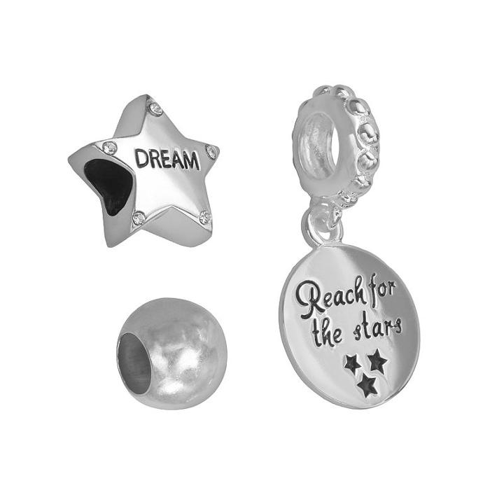 Individuality Beads Sterling Silver Crystal Dream Star Bead And Reach For The Stars Disc Charm Set, Women's, White