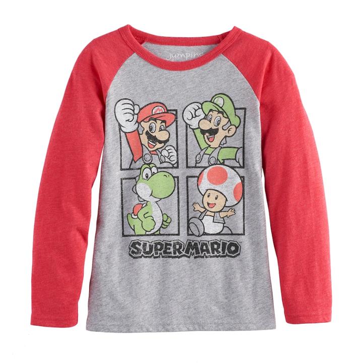 Boys 4-10 Jumping Beans&reg; Super Mario Bros Mario, Luigi, Yoshi & Toad Raglan Graphic Tee, Size: 7, Med Grey