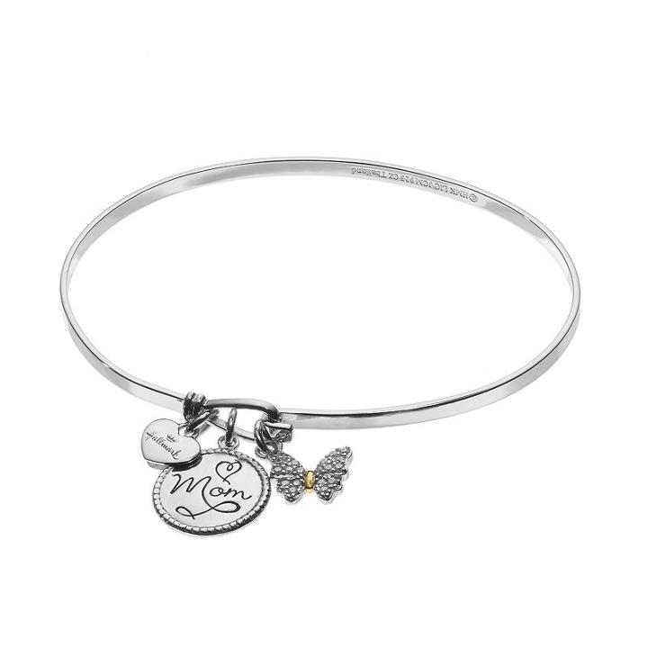 Hallmark Two Tone 18k Gold Over Silver Cubic Zirconia Mom & Butterfly Charm Bangle Bracelet, Women's, Grey