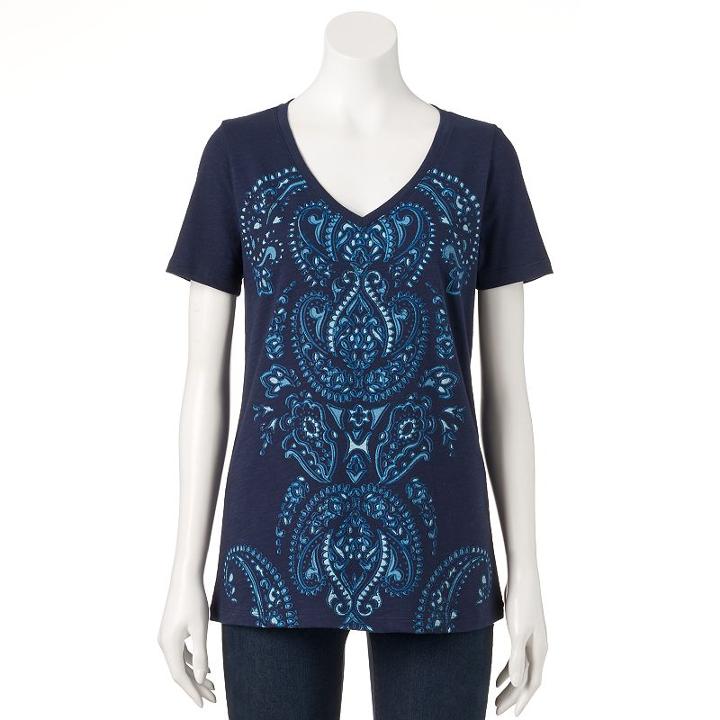 Women's Graphic V-neck Tee, Size: Medium, Dark Blue