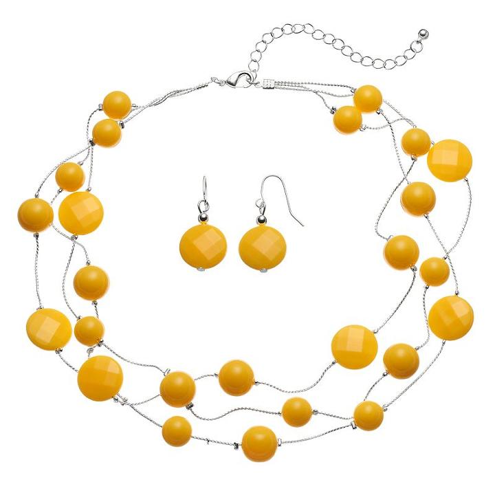Yellow Bead Multi Strand Necklace & Drop Earring Set, Women's, Med Yellow