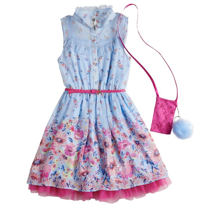 Girls 7-16 Knitworks Floral Belted Shirtwaist Dress With Purse & Poof Keychain, Size: 10, Blue