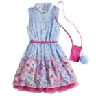Girls 7-16 Knitworks Floral Belted Shirtwaist Dress With Purse & Poof Keychain, Size: 10, Blue