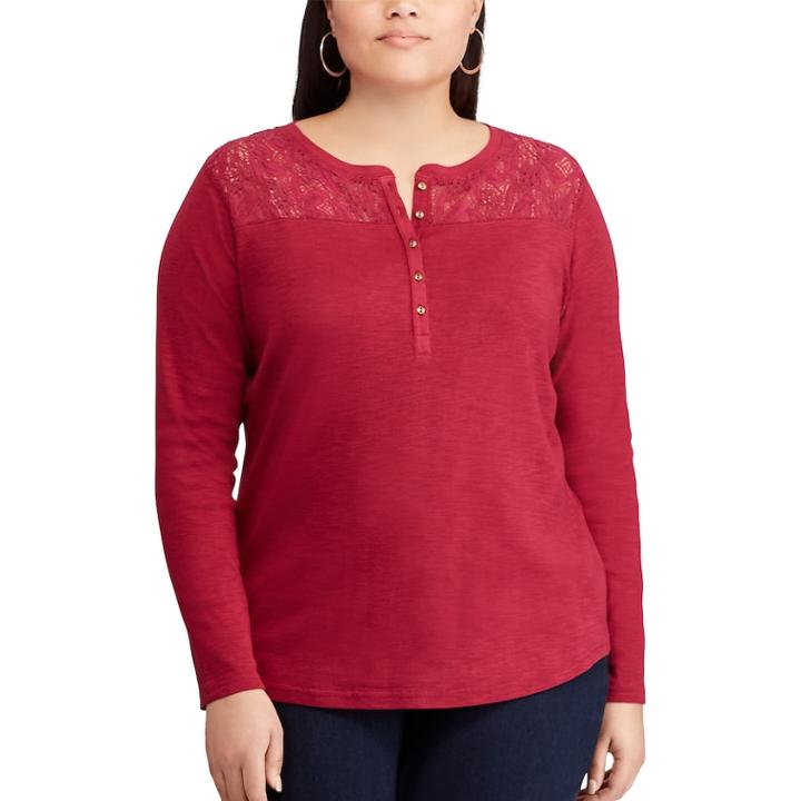 Plus Size Chaps Lace Henley Top, Women's, Size: 3xl, Red