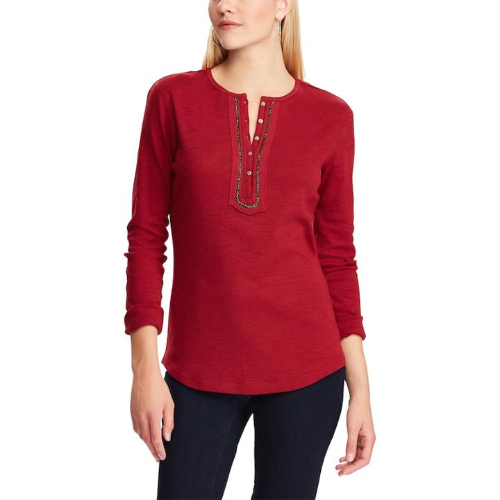 Women's Chaps Embellished Henley Top, Size: Xs, Red