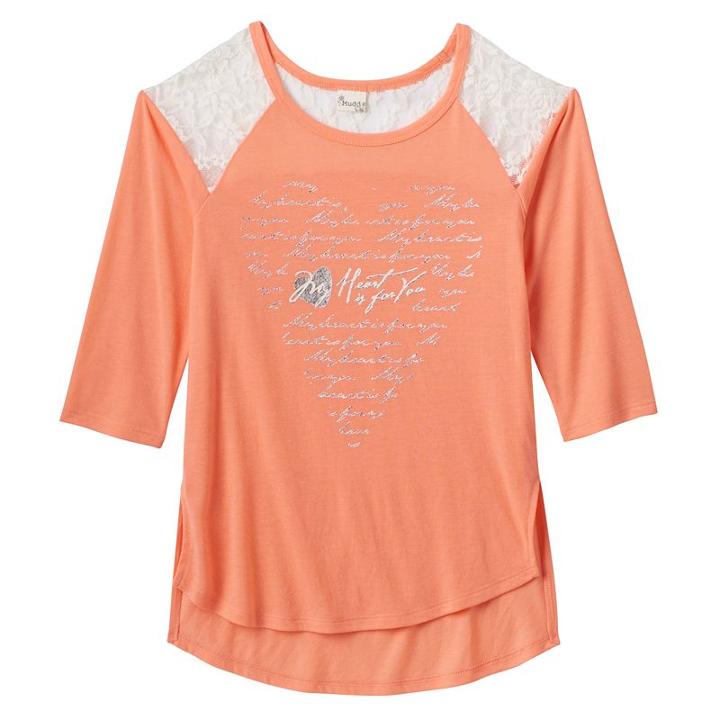 Girls Plus Size Mudd&reg; Raglan Lace High-low Graphic Tee, Girl's, Size: 12 1/2, Lt Orange
